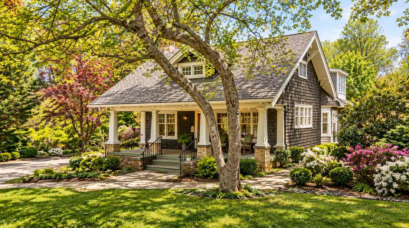 Craftsman historic home with deep porch and natural materials in Virginia